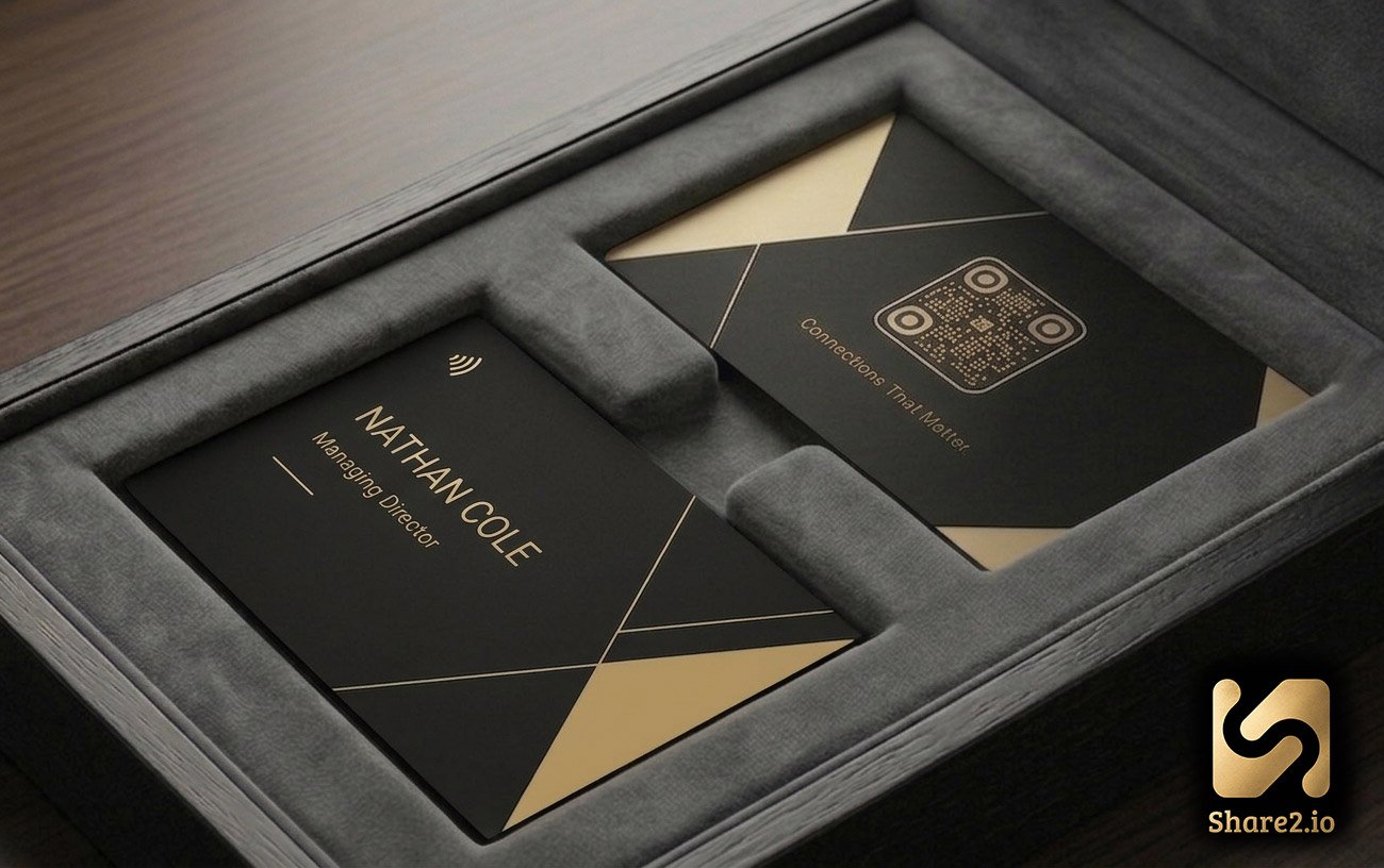 Aurum design — matte black NFC business card with champagne-gold geometric lines and engraved QR code, presented in a grey suede gift box