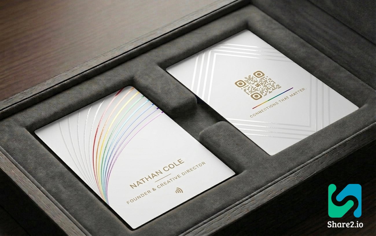 Prism design — gloss white NFC business card with a rainbow spectrum foil arc and gold QR code, presented in a grey suede gift box